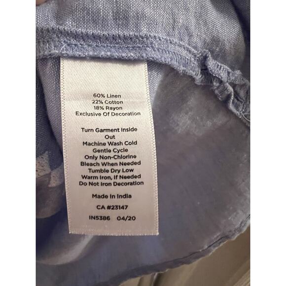 Talbots Blue Square Neck Linen Blend Peasant Top Embroidered Sz LP - Picture 4 of 5